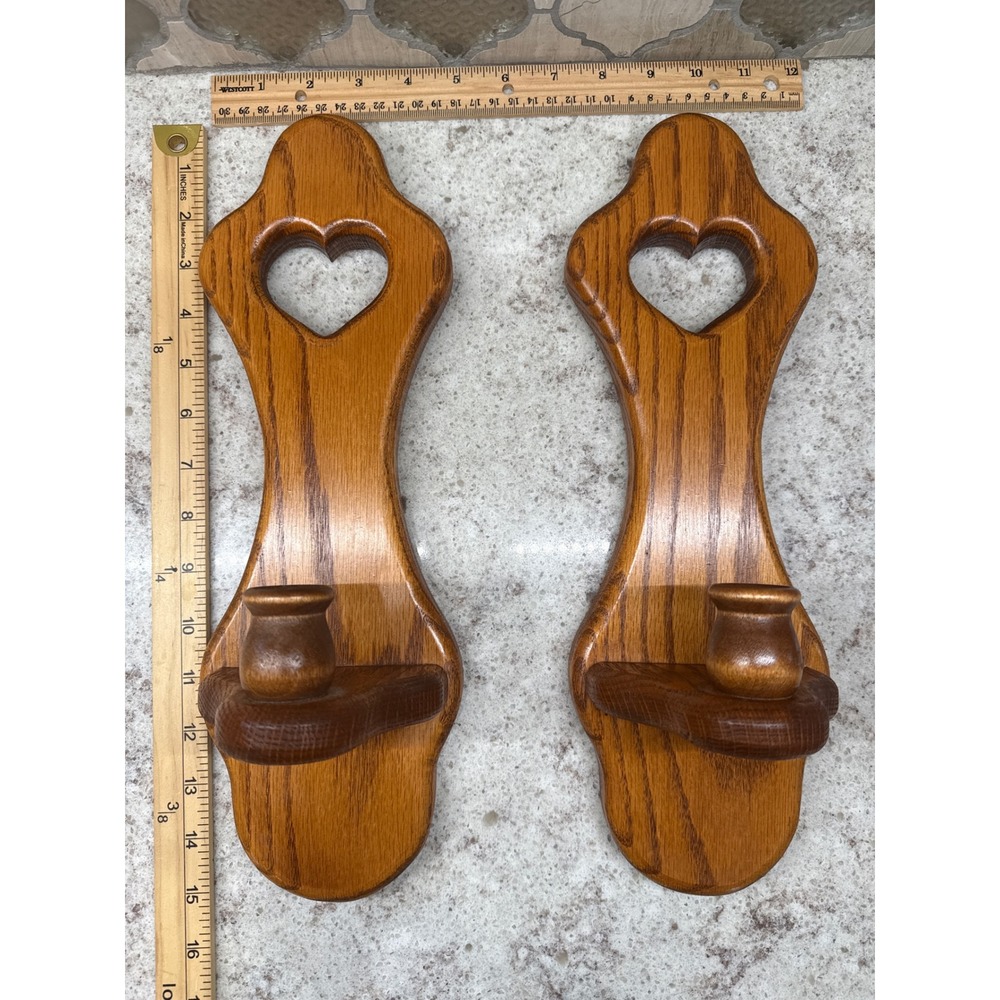 Vintage Oak Wood Wall Sconce Pair Heart Cutout Farmhouse Candle Holder Set